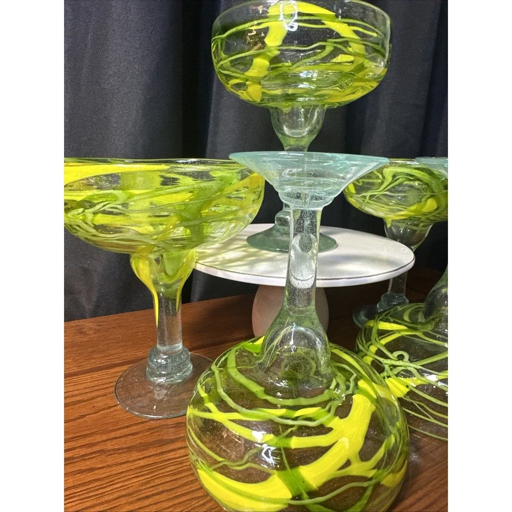 4 Margarita Glasses Hand Blown Recycled Mexican Yellow & Green Drizzle 6.5 